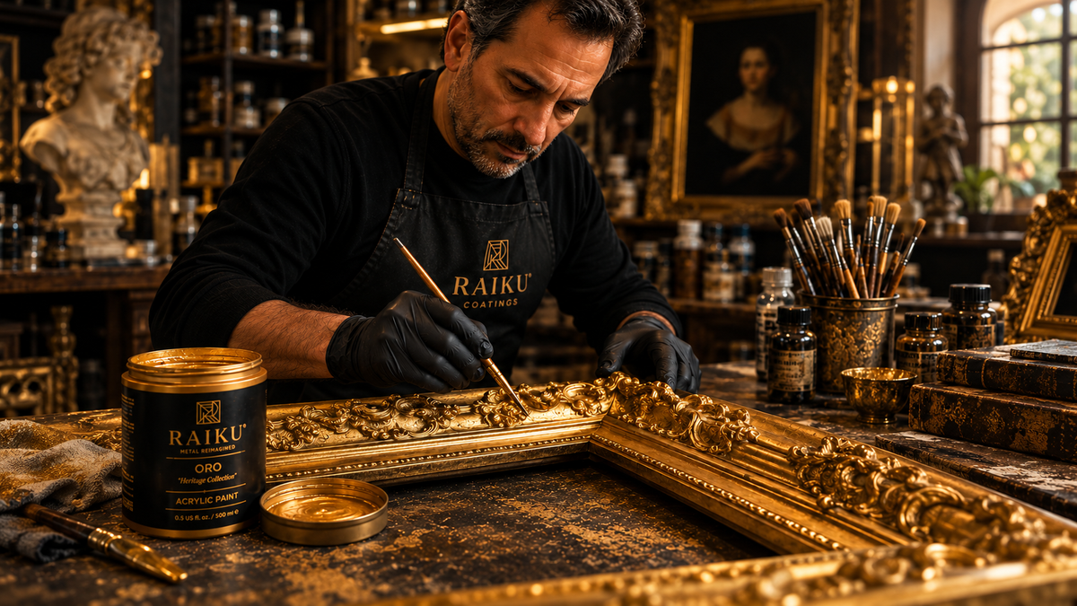Artesano aplicando RAIKU Oro 24K sobre un marco decorativo dorado