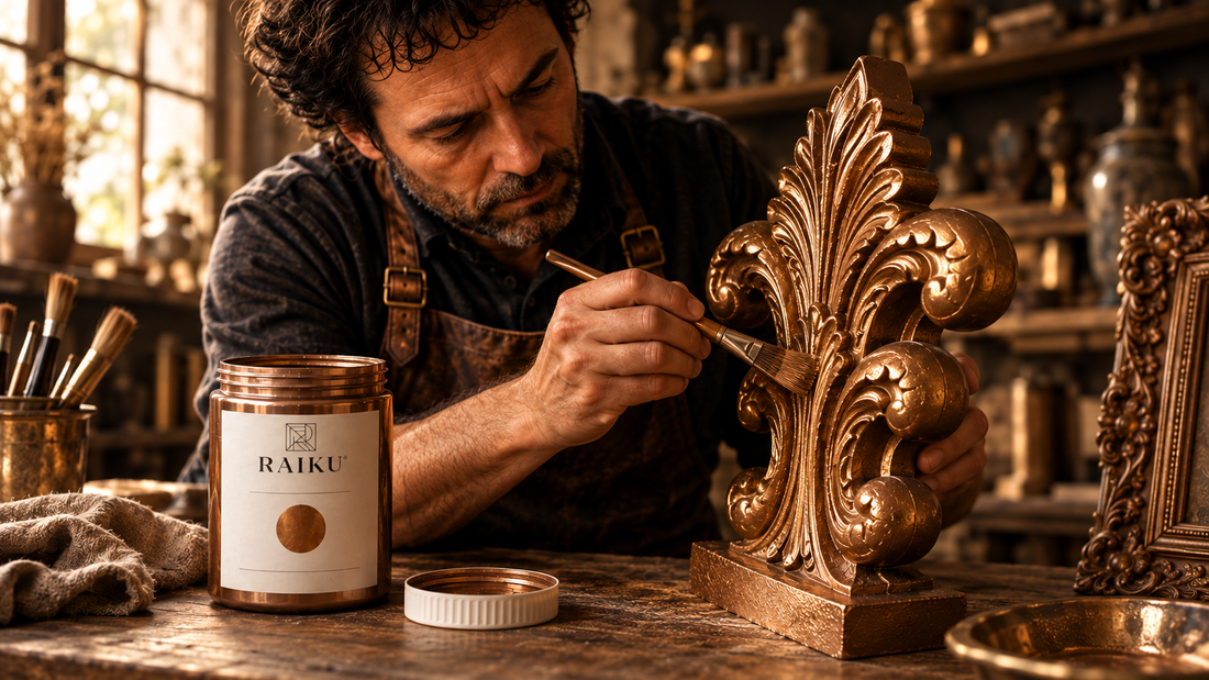 Artesano aplicando pintura efecto bronce RAIKU sobre una pieza decorativa