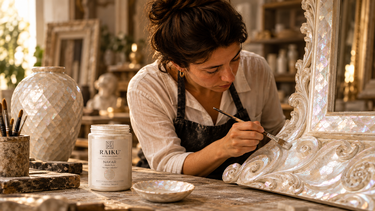 Artesana aplicando pintura perlada RAIKU Nácar Madre Perla sobre una pieza decorativa